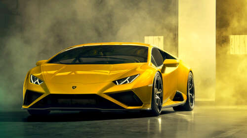 A bright yellow Lamborghini Huracán Evo supercar showcasing its aerodynamic curves... 8K computer backgrounds