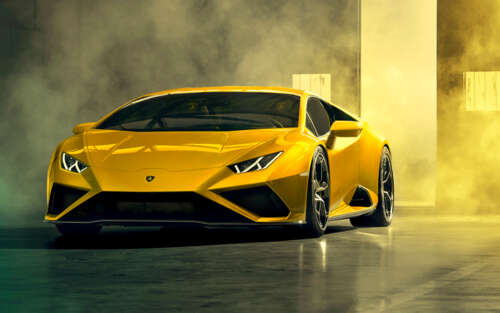 A bright yellow Lamborghini Huracán Evo supercar showcasing its aerodynamic curves... 7680x4800 free wallpaper
