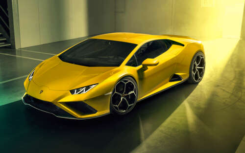 A bright yellow Lamborghini Huracan Evo supercar featuring sharp aerodynamic lines... 7680x4800 background images hd