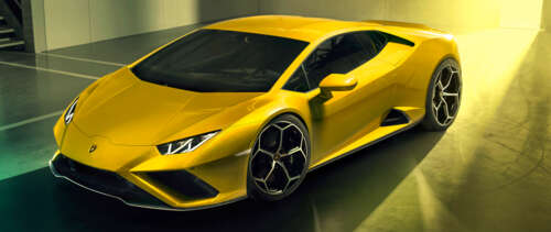 A bright yellow Lamborghini Huracan Evo supercar featuring sharp aerodynamic lines... UWUHD background images hd