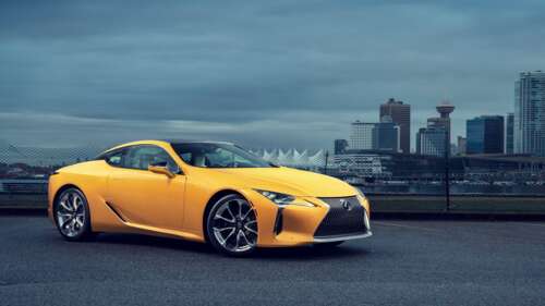 A bright yellow Lexus LC 500 luxury sports car showcasing its sleek, aerodynamic... 8K ps4 wallpaper