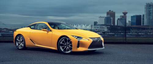 A bright yellow Lexus LC 500 luxury sports car showcasing its sleek, aerodynamic... UWUHD hd background
