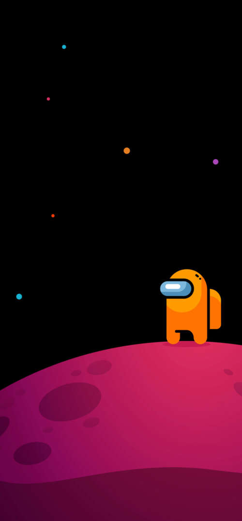 A colorful Among Us crewmate standing in a dimly lit, sci-fi spaceship hallway. wallpaper