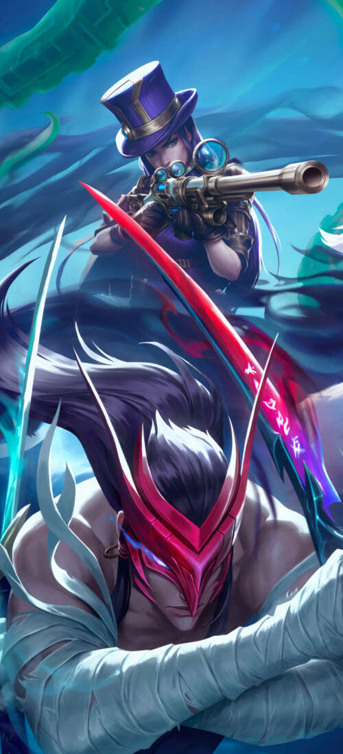 A dramatic group portrait featuring League of Legends characters Yone, Kindred, and... mobile wallpaper