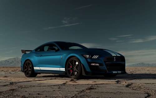 A high-performance Ford Mustang Shelby GT500 muscle car.