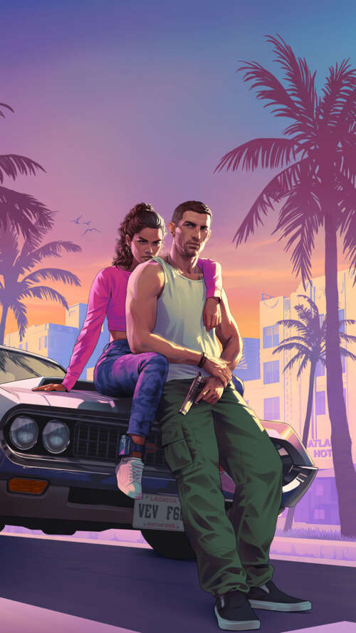 A cinematic portrait of a character in the Grand Theft Auto VI art style, featuring... hand phone wallpaper