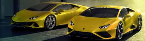 A high-performance yellow Lamborghini Huracan Evo supercar featuring sleek aerodynamic... Dual UHD wallpaper for pc download