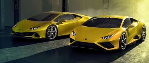 A high-performance yellow Lamborghini Huracan Evo supercar featuring sleek aerodynamic... UWUHD