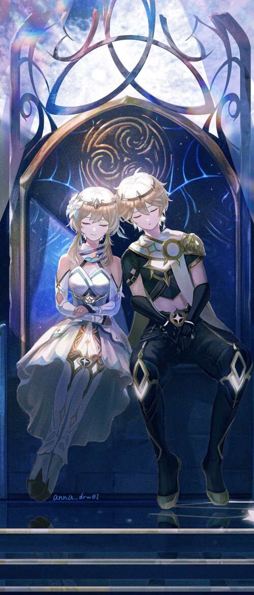 Aether and Lumine from the video game Genshin Impact nubia Flip 3 lock screen wallpaper