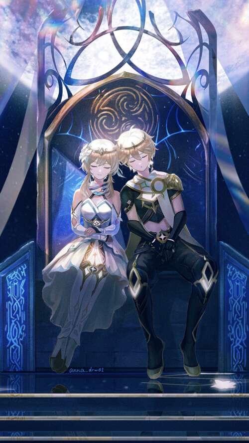 Aether and Lumine from the video game Genshin Impact lava Play Max cell phone backgrounds free
