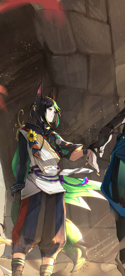 Alhaitham and Tighnari from the video game Genshin Impact featured in a high-quality... wallpaper download