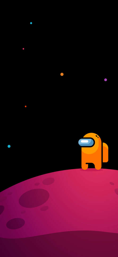 A colorful Among Us crewmate standing in a dimly lit, sci-fi spaceship hallway. Oppo Find X9 Ultra hand phone wallpaper