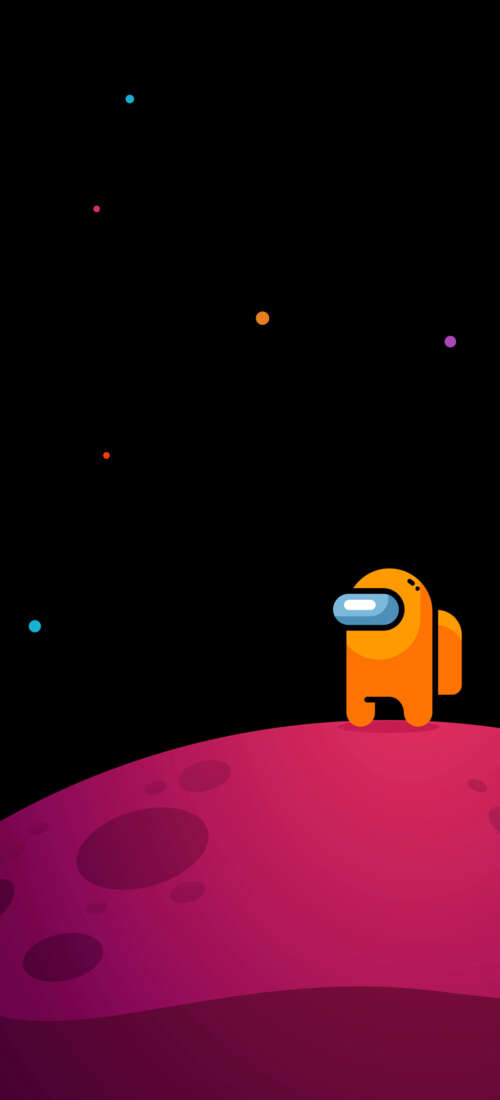 A colorful Among Us crewmate standing in a dimly lit, sci-fi spaceship hallway. Honor X9d high definition wallpaper