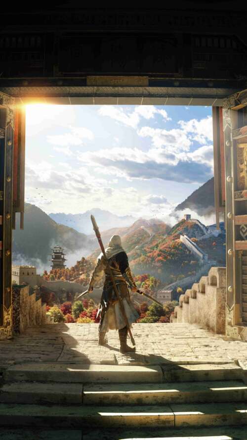 A cinematic view of an assassin from the video game Assassin's Creed Jade set in... lava Play Max free wallpaper