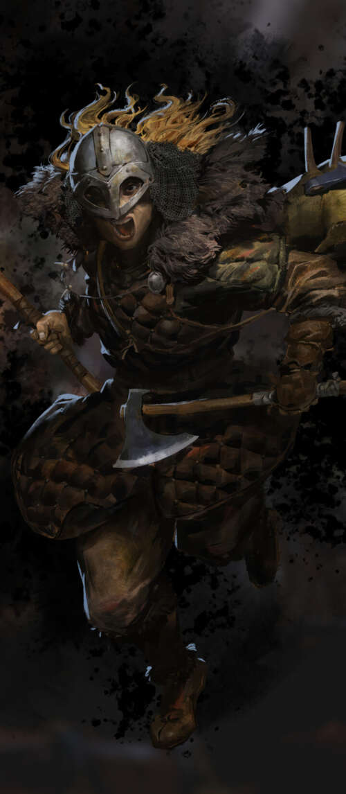 A battle-hardened Barbarian from Dark and Darker wearing heavy, weathered armor in... download free wallpaper for phone