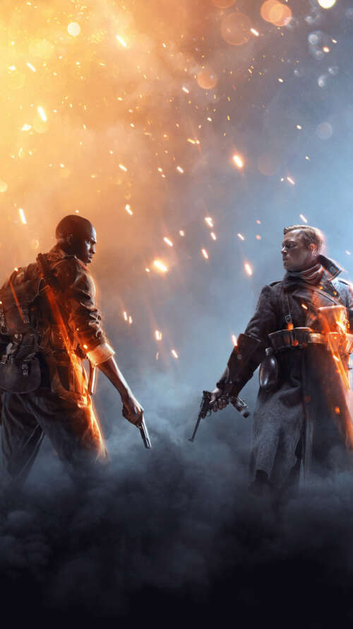 An infantry soldier from Battlefield 1 standing amidst the smoke and ruins of a World...