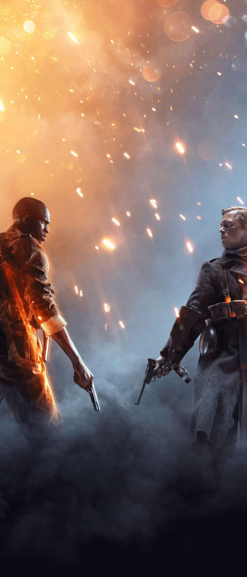 An infantry soldier from Battlefield 1 standing amidst the smoke and ruins of a World... nubia Flip 3 download free phone wallpaper