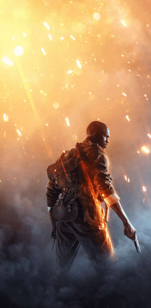 An infantry soldier from Battlefield 1 standing amidst the smoke and ruins of a World... Huawei Mate 30 Pro wallpaper download