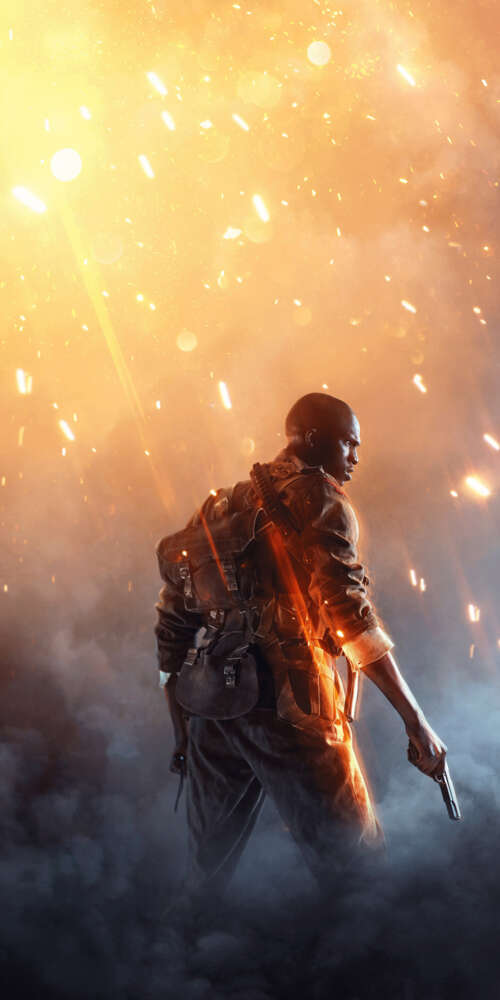An infantry soldier from Battlefield 1 standing amidst the smoke and ruins of a World... Doogee Fire 3 Max free wallpaper