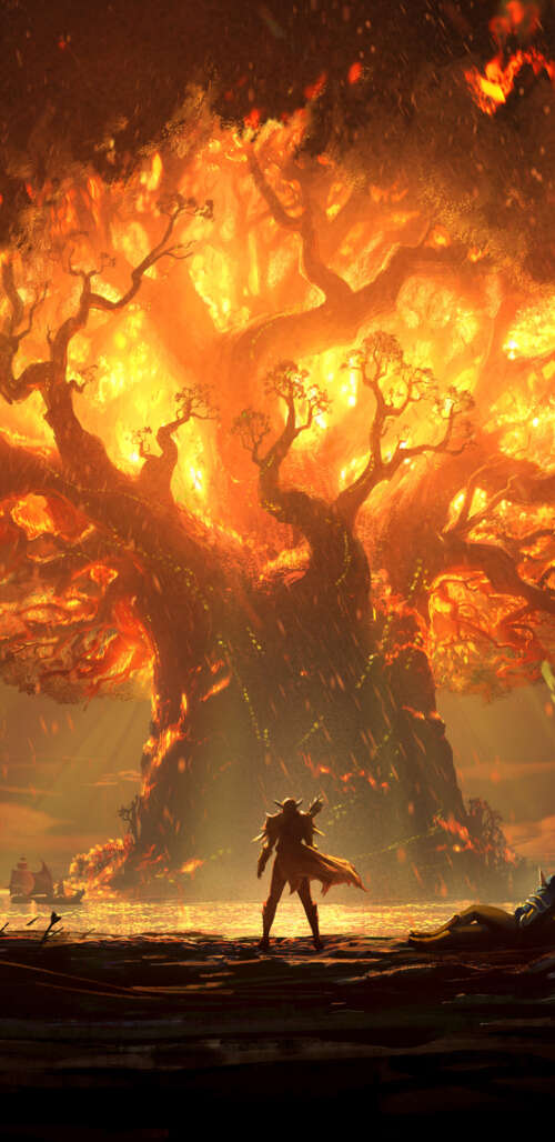 A powerful warrior standing with a sword amidst burning trees and intense flames... wallpaper