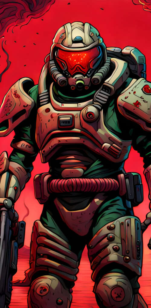 Doomguy, the iconic protagonist of the Doom video game series, wearing his signature... Huawei Mate 30 Pro download free wallpaper for phone