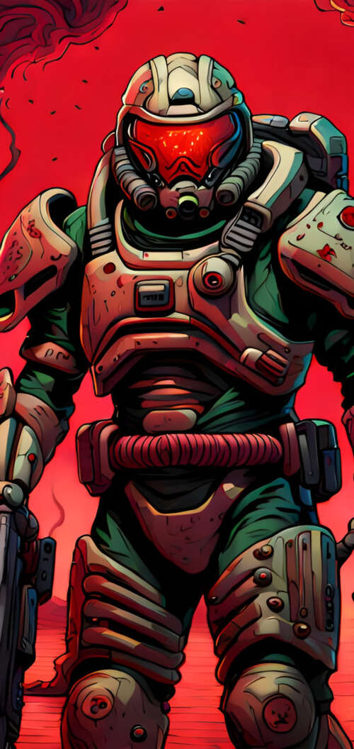 Doomguy, the iconic protagonist of the Doom video game series, wearing his signature... TCL K70 wallpaper
