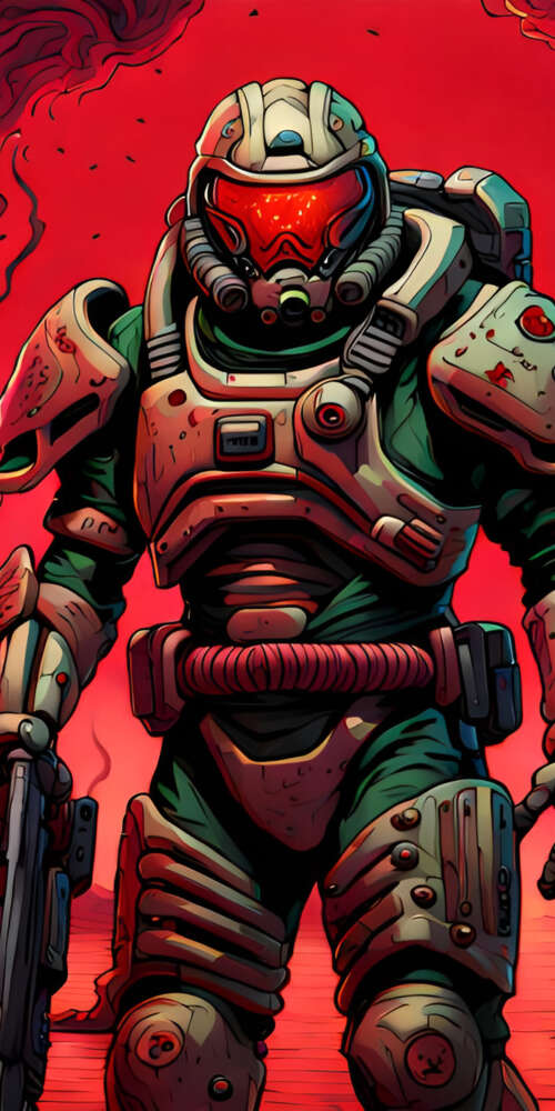 Doomguy from the video game Doom ready for combat in a sci-fi setting. download free phone wallpaper