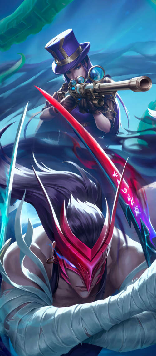 A dramatic group portrait featuring League of Legends characters Yone, Kindred, and... Doogee S300 Plus mobile wallpaper