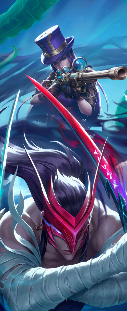 A dramatic group portrait featuring League of Legends characters Yone, Kindred, and... Meizu Note 16 lock screen wallpaper