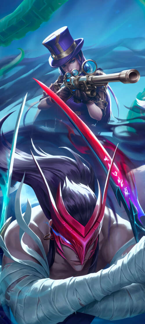 A dramatic group portrait featuring League of Legends characters Yone, Kindred, and... Oukitel WP62 download free phone wallpaper
