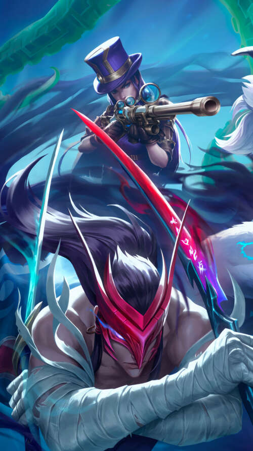 A dramatic group portrait featuring League of Legends characters Yone, Kindred, and... lava Play Max background images hd