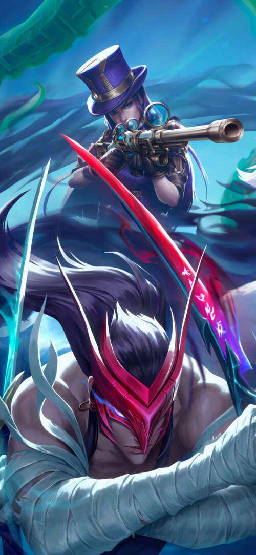 A dramatic group portrait featuring League of Legends characters Yone, Kindred, and... Oppo Find X9 Ultra hd background