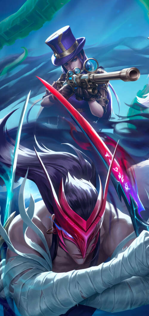 A dramatic group portrait featuring League of Legends characters Yone, Kindred, and... TCL K70 wallpapers for android