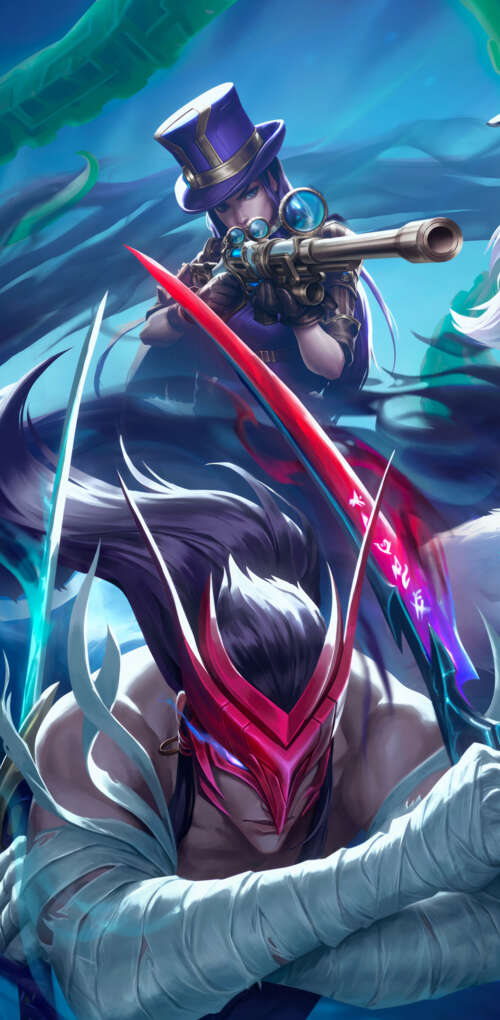 A dramatic group portrait featuring League of Legends characters Yone, Kindred, and... Huawei Mate 30 Pro mobile wallpaper
