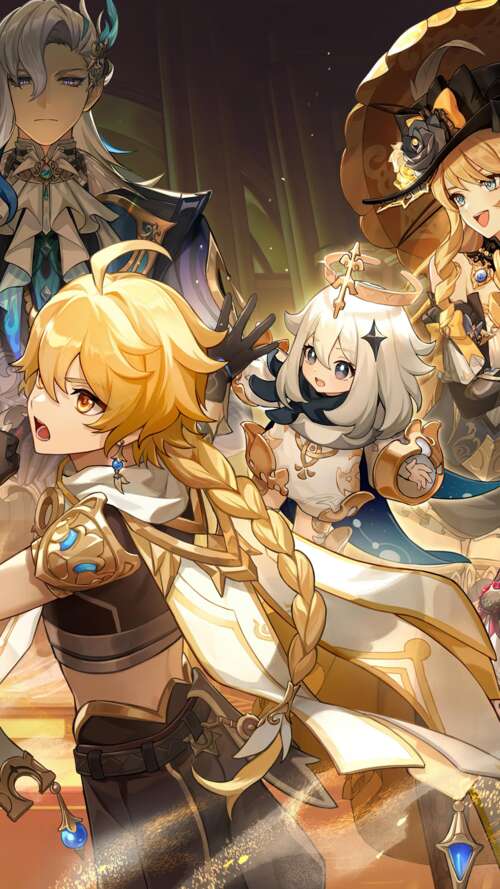Un gruppo di personaggi del gioco Genshin Impact: Neuvillette, Furina, Lyney e Lynette.