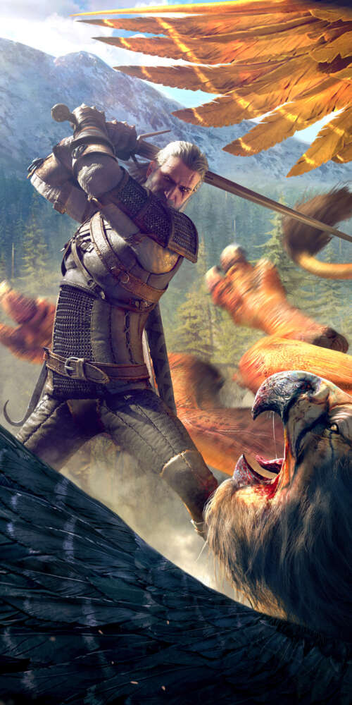 Geralt of Rivia from The Witcher 3: Wild Hunt featuring his iconic white hair and... Doogee Fire 3 Max download free wallpaper for phone