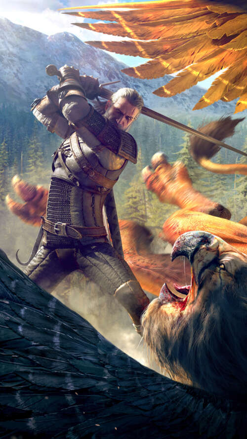 Geralt of Rivia from The Witcher 3: Wild Hunt featuring his iconic white hair and... lava Play Max download free phone wallpaper