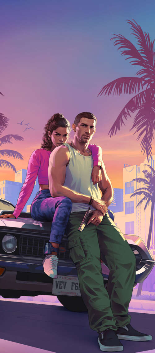 A cinematic portrait of a character in the Grand Theft Auto VI art style, featuring... Doogee S300 Plus hand phone wallpaper
