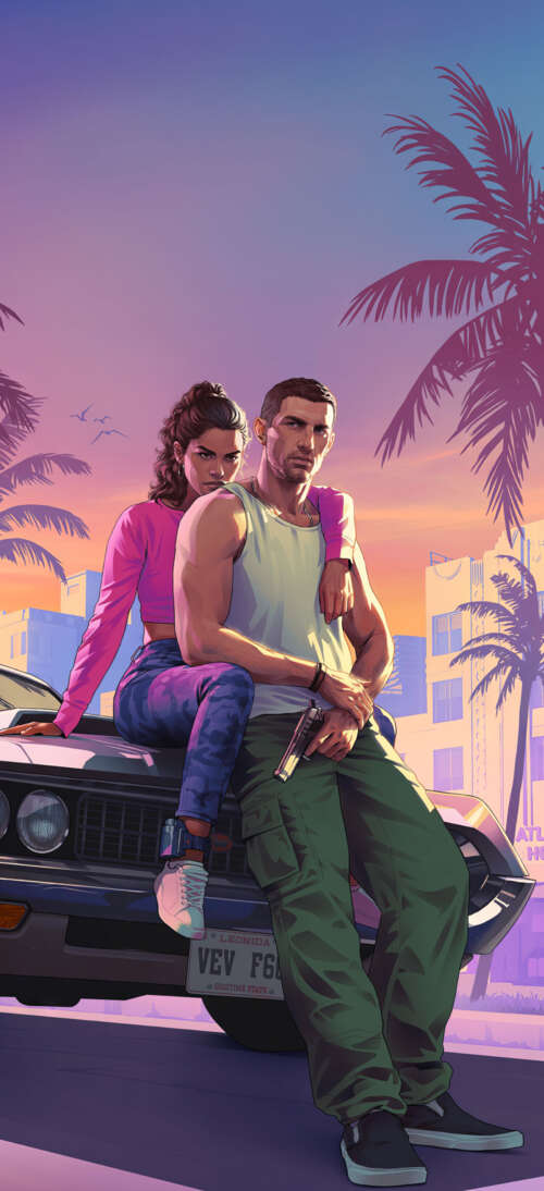 A cinematic portrait of a character in the Grand Theft Auto VI art style, featuring... realme neo7 Turbo hd background