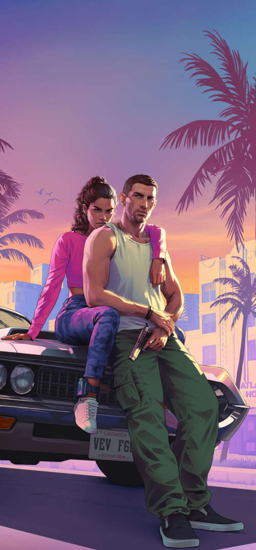 A cinematic portrait of a character in the Grand Theft Auto VI art style, featuring... Samsung Galaxy S26 Ultra download free phone wallpaper