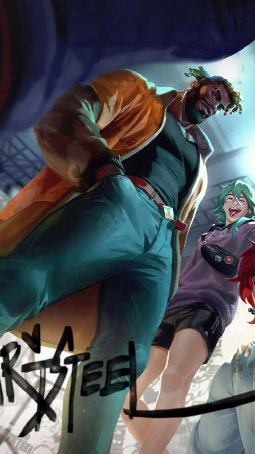 Una fotografia di gruppo in stile cinematografico che ritrae i personaggi di League... lava Play Max