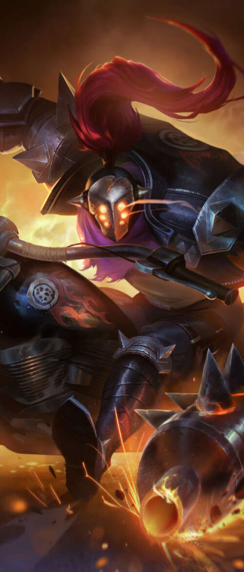 Jax from League of Legends riding a sleek, powerful motorcycle in an action-packed... nubia Flip 3 pictures for wallpaper