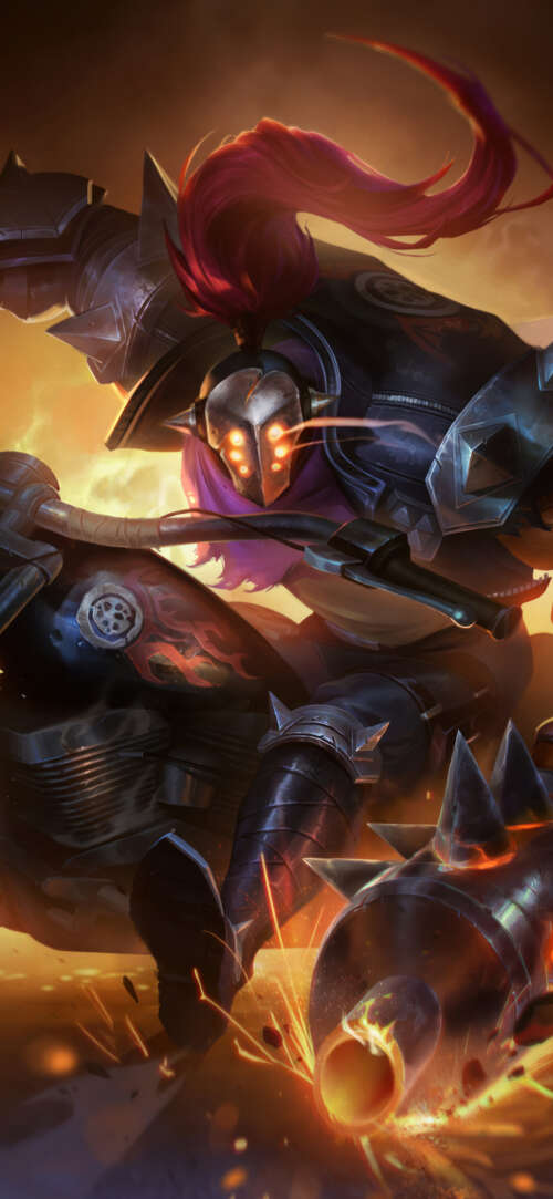 Jax from League of Legends riding a sleek, powerful motorcycle in an action-packed... Oppo Find X9 Ultra mobile wallpaper