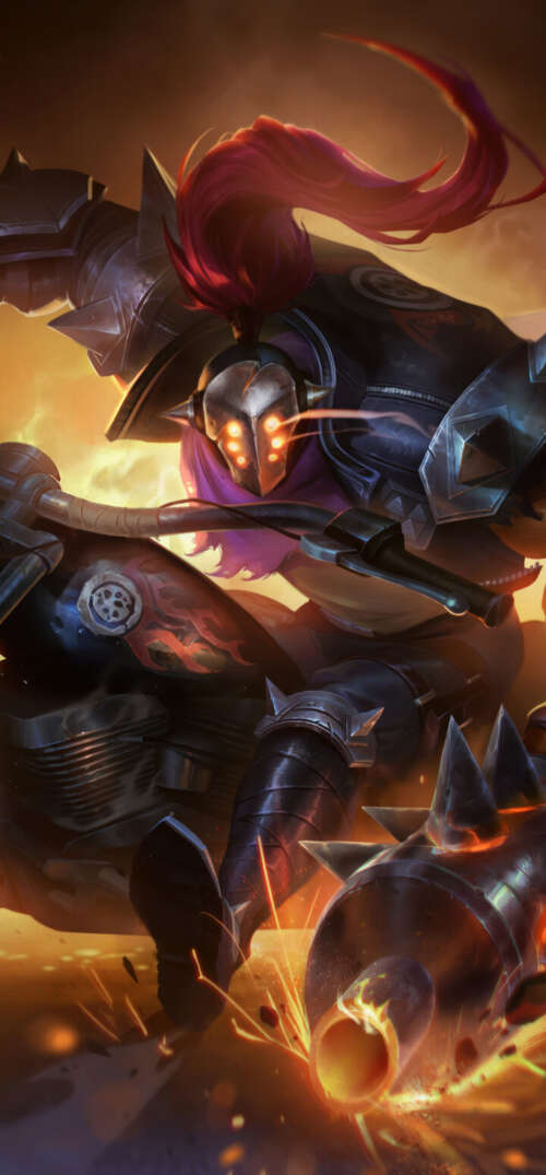 Jax from League of Legends riding a sleek, powerful motorcycle in an action-packed... UmiDigi Umidigi X cell phone backgrounds free