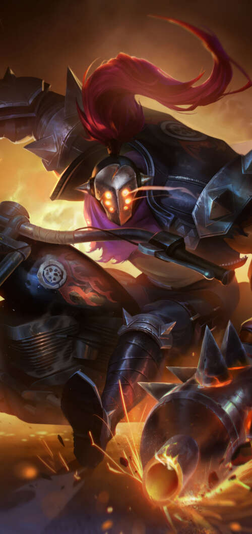 Jax from League of Legends riding a sleek, powerful motorcycle in an action-packed... TCL K70