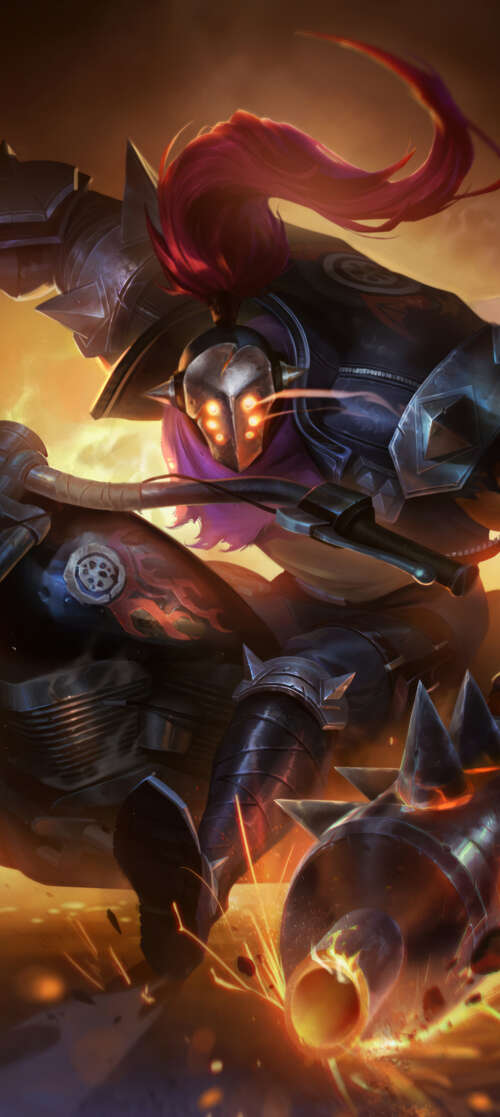 Jax from League of Legends riding a sleek, powerful motorcycle in an action-packed... Oukitel WP58 Pro