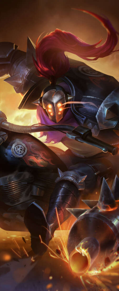 Jax from League of Legends riding a sleek, powerful motorcycle in an action-packed... Meizu Note 16 download free wallpaper for phone