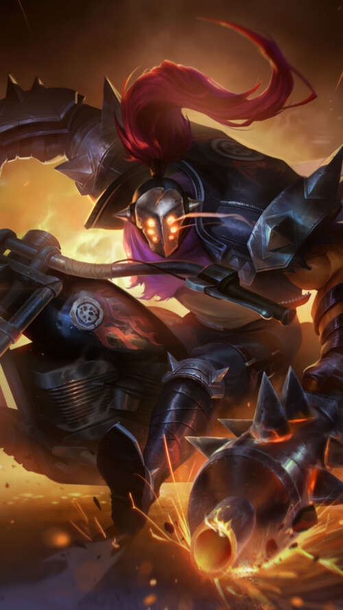 Jax from League of Legends riding a sleek, powerful motorcycle in an action-packed... lava Play Max wallpaper photo gallery download