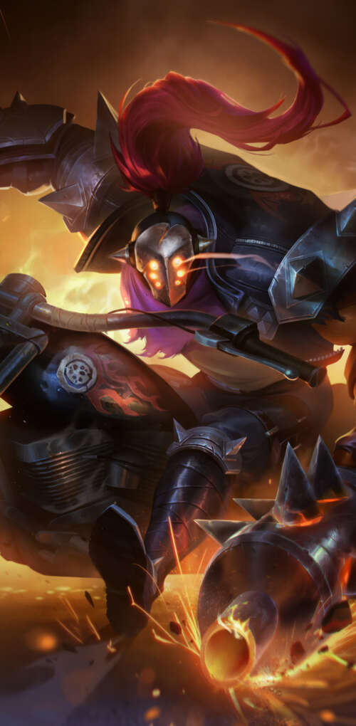 Jax from League of Legends riding a sleek, powerful motorcycle in an action-packed... Huawei Mate 30 Pro cell phone backgrounds free