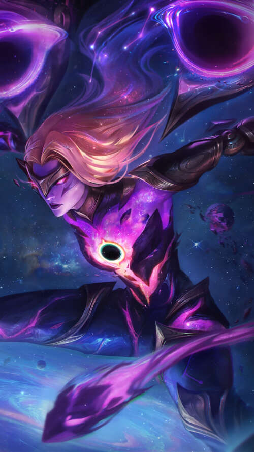 Cinematic portrait of Kai'Sa from League of Legends featuring her signature void-tech...